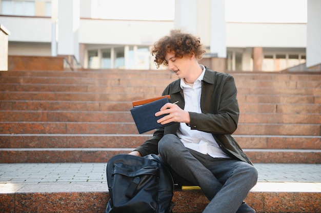 UniwersytetUśmiechnięty młody student mężczyzna trzyma książkę i torbę na tle uniwersytetu Młody uśmiechnięty student na zewnątrz Styl życiaMiastoStudent