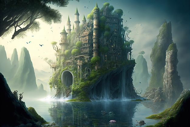 Unosząca się wyspa w dżungli fantasy, z której spływa kaskadowo wodospad