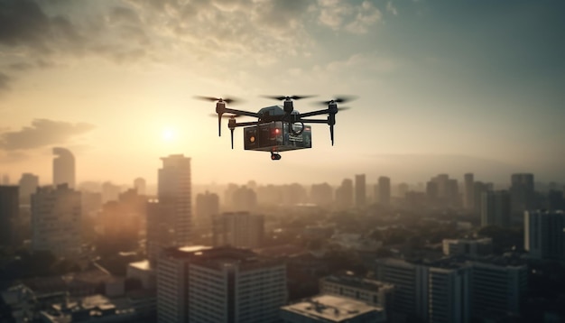 Unoszący się w powietrzu dron rejestruje futurystyczny pejzaż miejski o zmierzchu do celów nadzoru generowanych przez sztuczną inteligencję