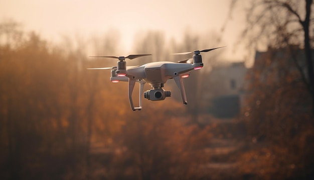 Unoszący się w powietrzu dron rejestruje oszałamiający powietrzny zachód słońca w górach generowany przez sztuczną inteligencję