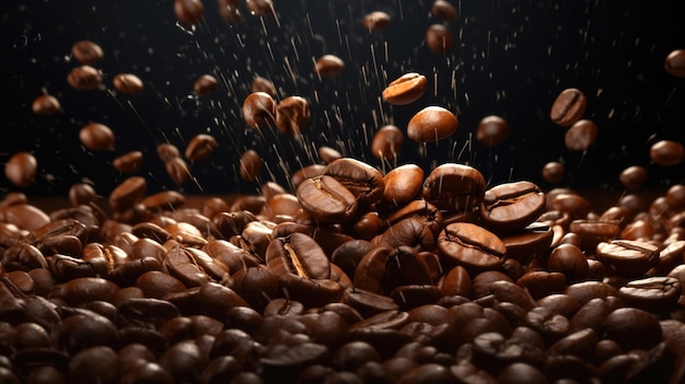 Upadające ziarna kawy na ciemnym tle
