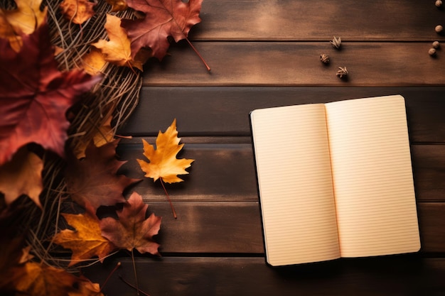 Upadek na jesień Ujmująca kompozycja otwartych notatników i żywych liści na stole