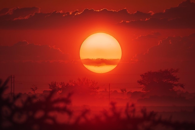Upalna pogoda gorące czerwone słońce na horyzoncie Generacyjna sztuczna inteligencja