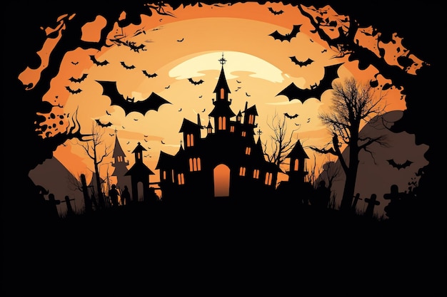 Upiorna sylwetka o tematyce Halloween z nietoperzami i nawiedzonym domem