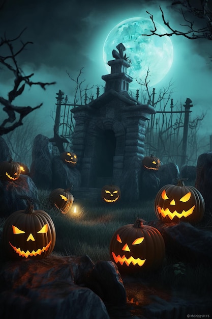Upiorne tło Halloween z dyniami na cmentarzu w mroźną noc