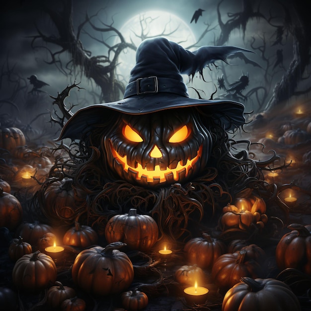 Upiorne tło Halloween z Jack O Lanterns Grave Yard i przerażającymi drzewami generatywną sztuczną inteligencją