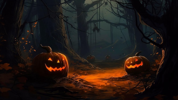Upiorny ciemny nawiedzony halloweenowy las z dyniami na poboczu drogi wygenerowanej przez Ai