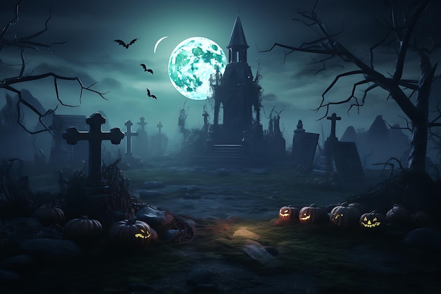 upiorny cmentarz halloweenowy z księżycem w tle