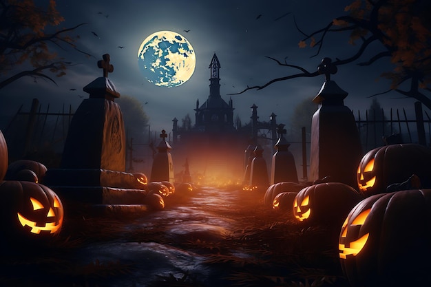 upiorny cmentarz halloweenowy z pełnią księżyca w tle