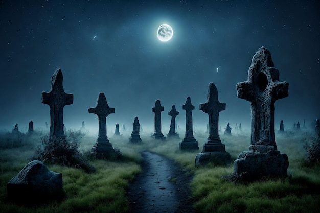 upiorny krajobraz z grobowcami w nocy z pełnią księżyca na niebie