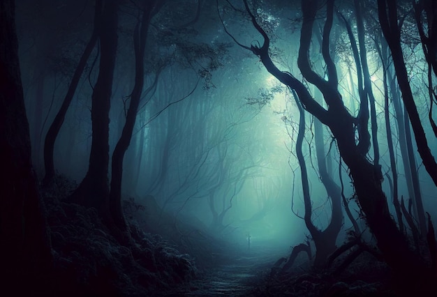 Upiorny las z mgłą mgłą Generatywna ilustracja AI