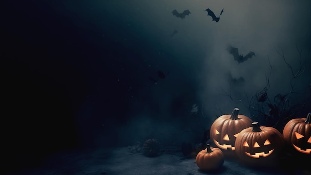 Upiorny las ze złymi świecącymi oczami nietoperzy Jack O' Lanterns w straszną noc halloweenową