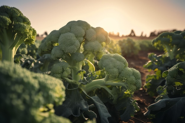 Uprawiaj farmę brokułów o zachodzie słońca Zielone pole Generuj Ai