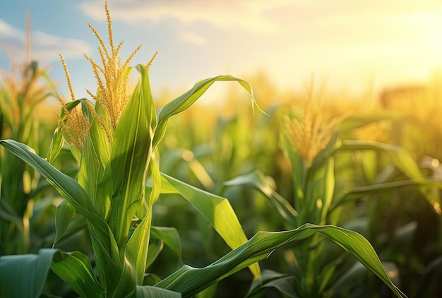uprawy kukurydzy na zielonym polu o zachodzie słońca w stylu skrupulatnych fotorealistycznych martwych natur