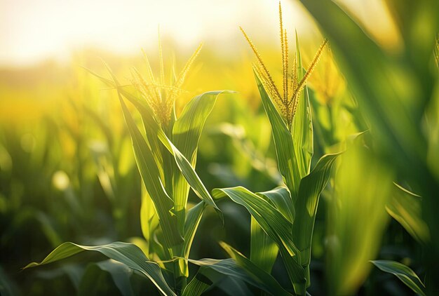 uprawy kukurydzy na zielonym polu o zachodzie słońca w stylu skrupulatnych fotorealistycznych martwych natur