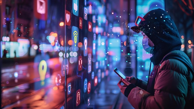 Urban Explorer w neonowej nocy za pomocą smartfona pośród świateł miasta cyberpunk w nowoczesnym otoczeniu idealny dla tech i stylu życia tematyki AI