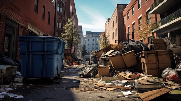 Zdjęcie urban waste symphony nasze zdjęcia przedstawiają rzeczywistość życia w mieście z przepełnionymi śmietnikami i czarnymi plastikowymi torbami w pobliżu domów.