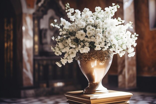 Urna w kształcie litery T z prochami w kościele otoczonym białymi kwiatami Generative Ai