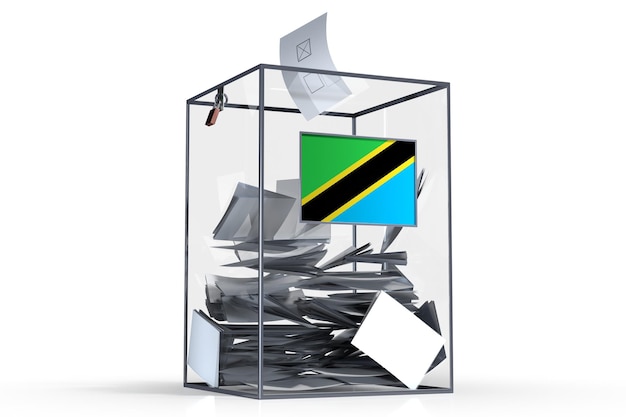 Urna wyborcza w Tanzanii z głosami i ilustracją 3D koncepcji wyborów do flagi narodowej