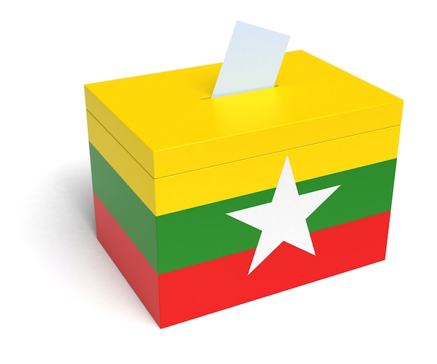 Urna wyborcza z flagą Birmy. Na białym tle. Renderowanie 3D.