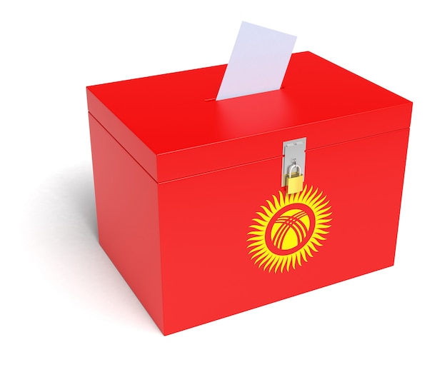 Urna wyborcza z flagą Kirgistanu. Na białym tle. Renderowanie 3D.