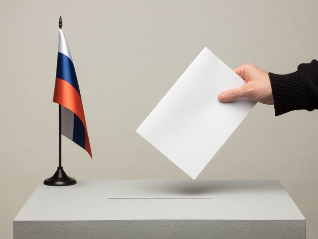 Urny z flagą narodową Rosji. Wybory prezydenckie w 2018 r. rzucanie kartą ręki