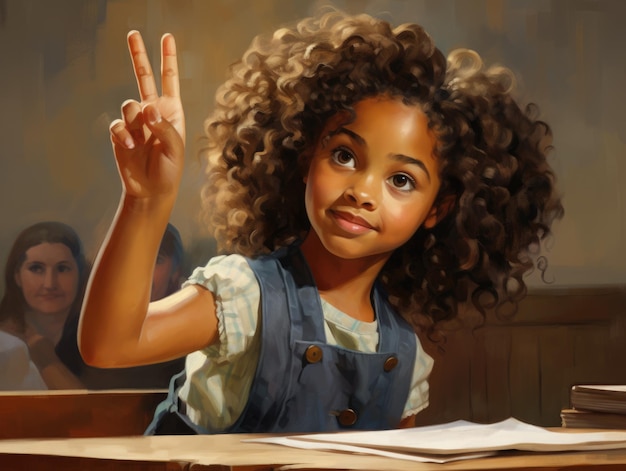 Urocza 6-letnia czarna dziewczynka podnosząca rękę w klasie