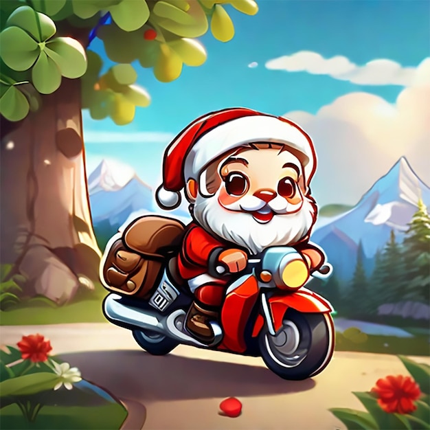 Urocza animacja przedstawiająca Świętego Mikołaja jadącego na motocyklu