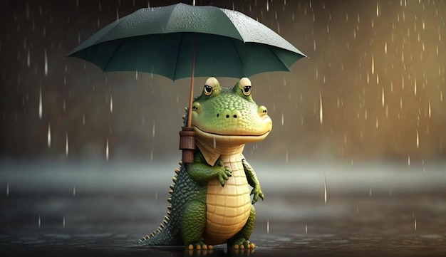 Urocza animowana postać aligatora trzymająca parasol w deszczu Generatywna sztuczna inteligencja
