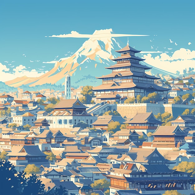 Urocza azjatycka wioska u podnóża śnieżnej góry