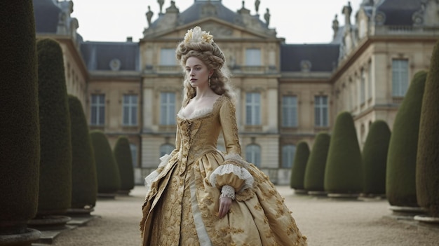 Urocza, duża suknia w ogrodach Chateau de Versailles w tle Generative AI