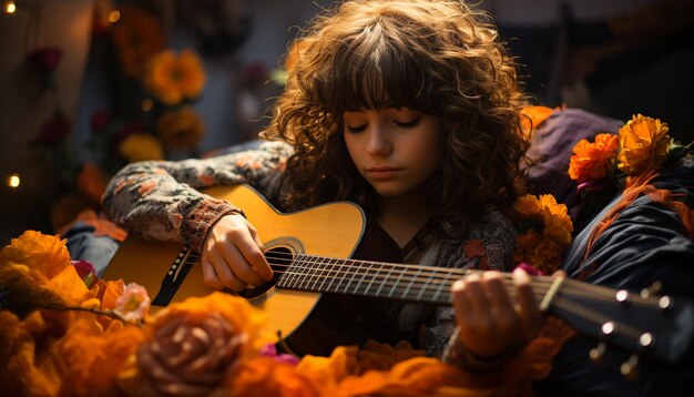 Urocza dziewczyna grająca na gitarze uśmiechnięta w otoczeniu piękna natury generowanego przez sztuczną inteligencję