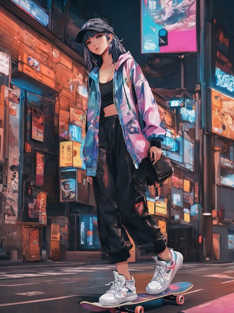 urocza dziewczyna z anime jeżdżąca na deskorolce na ulicy