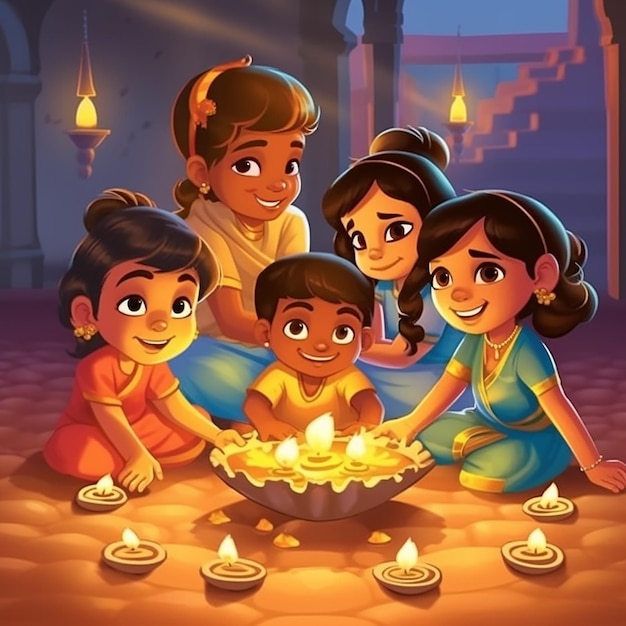 urocza grupa dzieci oświetlających lampę olejową świętowanie ilustracji wektorowej kreskówki