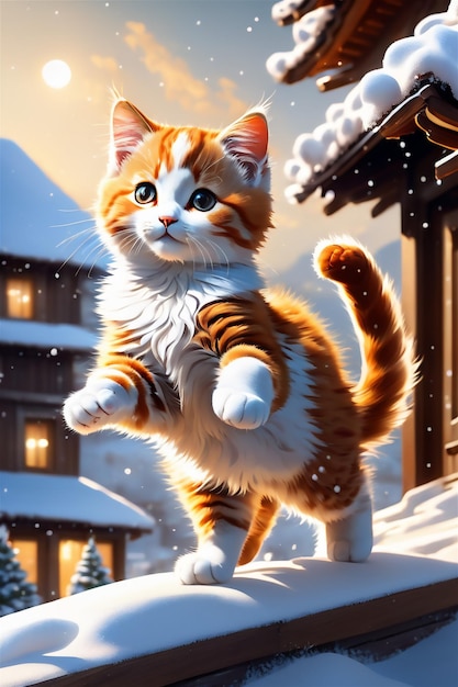 Urocza i cenna szczęśliwa kotka, kotek otrząsa się ze śniegu, wszędzie lecą śniegi