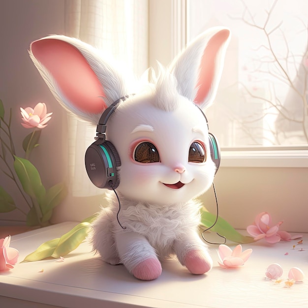 Urocza i słodka biała wróżka w stylu pixara, mały królik, słodki uśmiech, mały brzoskwiniowy kwiat wokół, noszący duże słuchawki, generujące ai