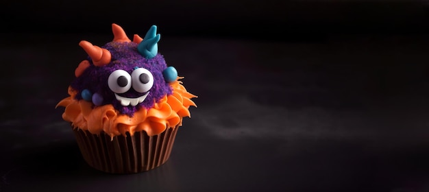 Urocza i zabawna babeczka dla dzieci na ciemnym tle z miejsca na kopię Wszystkiego najlepszego z okazji urodzin Halloween deser Przyjęcie dla dzieci Puste miejsce na tekst Pocztówka projekt karty z pozdrowieniami Monster muffin Generative AI
