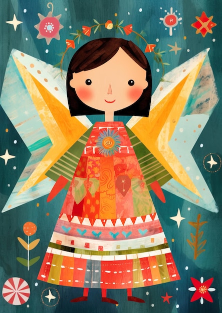 Urocza ilustracja świątecznej kartki dla dzieci przedstawiająca niebiańskiego anioła świątecznego