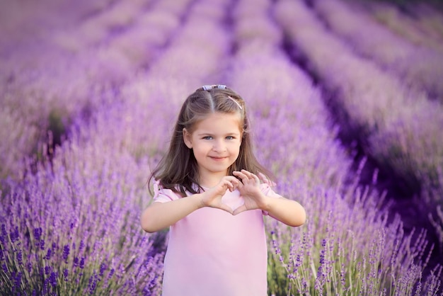 Urocza kaukaska mała dziewczynka pokazuje serce i miłość podpisuje ręce stojące w lawendowym polu Blo