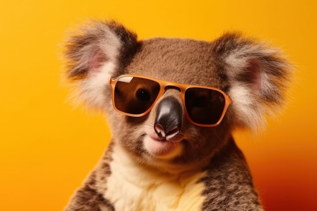 Urocza koala z futrzanymi uszami i stylowymi okularami przeciwsłonecznymi ciesząca się świeżym powietrzem w słoneczny dzień w Australii Wygenerowano modne i unikalne torbacze AI