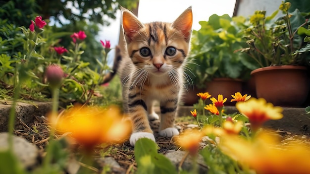 Urocza kotka bawiąca się w pięknym ogrodzie Wygenerowana przez sztuczną inteligencję