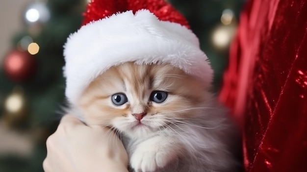urocza kotka w kapeluszu Świętego Mikołaja w rękach małych dziewczynek na tle Boże Narodzenie uroczysty zamazany