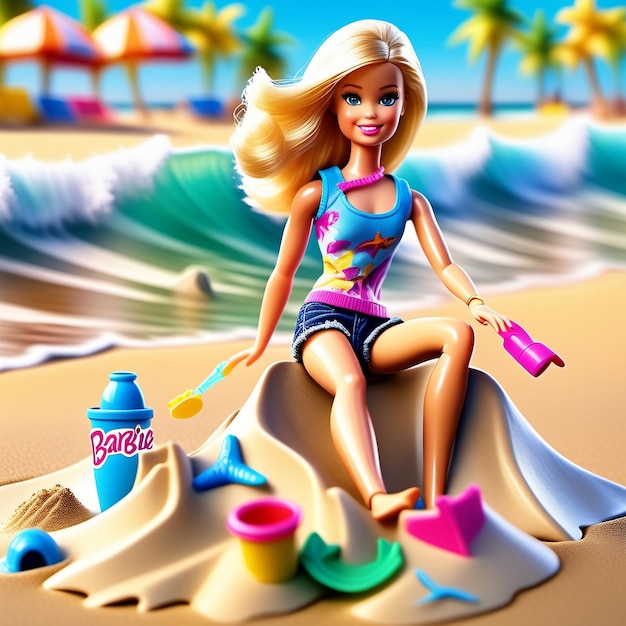 Urocza lalka Barbie ubrana w strój kąpielowy i siedząca na piasku obok morskiej plaży