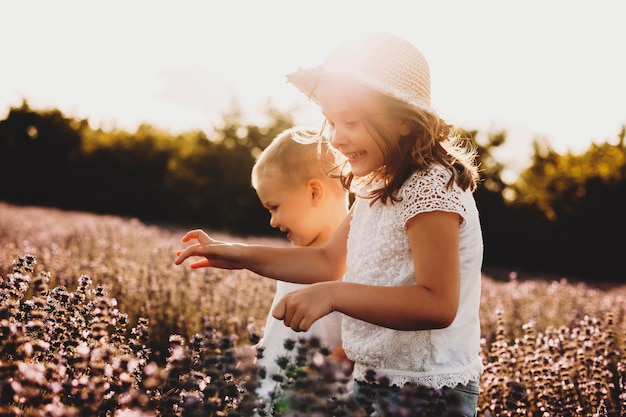 Urocza mała dziewczynka śmiejąca się podczas biegania w polu kwiatów z bratem. Małe dziecko bawi się z siostrą na zewnątrz przed zachodem słońca.