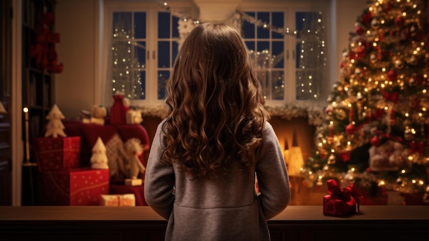 Urocza mała dziewczynka w ozdobionym świątecznie salonie