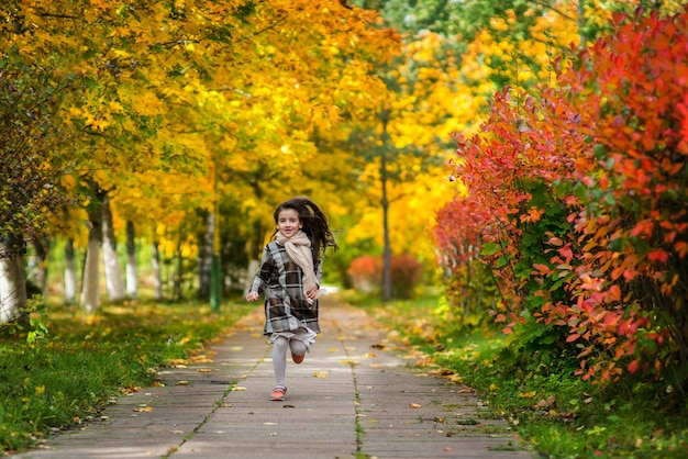 Urocza mała dziewczynka z jesiennych liści w parku piękności