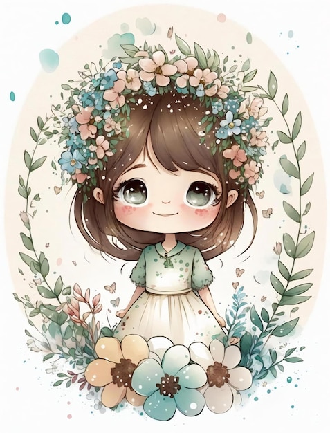 Urocza mała dziewczynka z kwiatami we włosach stoi w kwiecistej ramce