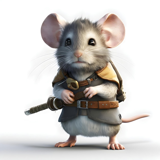 Urocza mała mysz przebrana za średniowiecznego wojownika z mieczem w dłoni