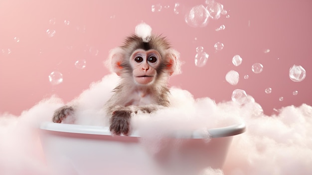 Zdjęcie urocza małpa kąpie się w wannie na różowym tle