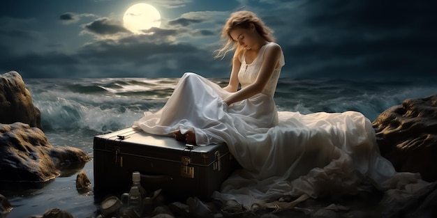 urocza marzycielska dziewczyna w białej sukience żeglująca po oceanie na torbie bagażowej